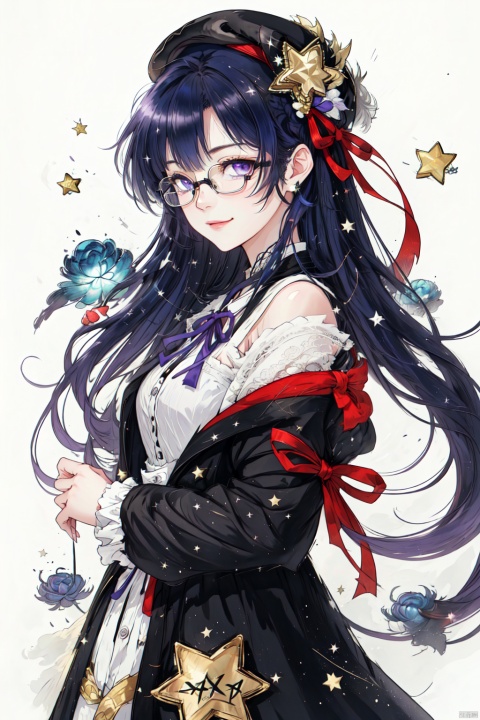  solo, virtual_youtuber, hoshimachi_suisei, long_hair, hat, blue_hair, glasses, looking_at_viewer, jacket, smile, beret, hair_twirling, upper_body, black_headwear, one_side_up, blue_eyes, off_shoulder, star_\(symbol\), green_ribbon, ribbon, lace-trimmed_sleeves, neck_ribbon, bangs, hair_ribbon, star_hair_ornament, hair_ornament, closed_mouth, black-framed_eyewear, star_in_eye, purple_eyes, shirt, blue_jacket, breasts, lace_trim, long_sleeves, qzkp