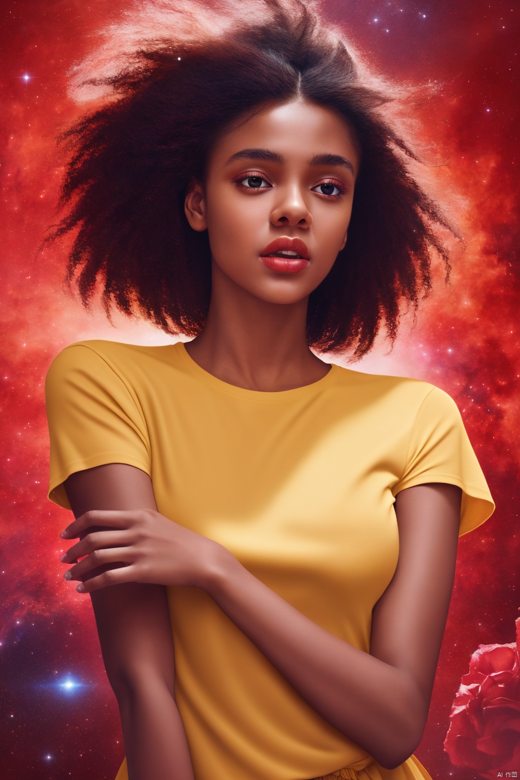 The girl is wearing a yellow T-shirt and holding a big bunch of red roses, with a bust of 8k, clear details, rich facial expressions and a background sky., Hyperdetailed Photography, art painting , Nebula background, dancing
