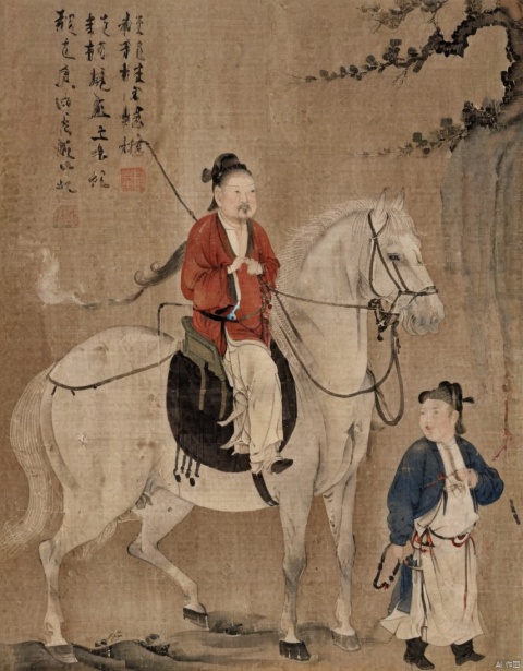  Horse, hangan, horse, male focus, 1boy, 2boys, traditional media, multiple boys, animal, fine art parody a painting of a man leading a horse with a harness on it's neck and a horse with a man on its back,, lzgs, traditional chinese ink painting