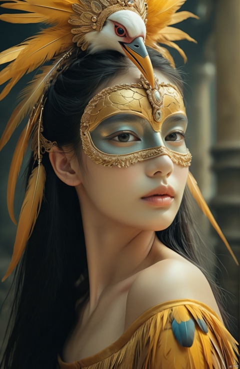 A surreal and fantastical image of a lonely young woman fusing human form with bird features. Her face is adorned with a gold mask, her straight nose and sexy lips reveal the girl's beauty, feathers adorn her headdress, and her bare shoulders reveal a mature body

, hhfhb