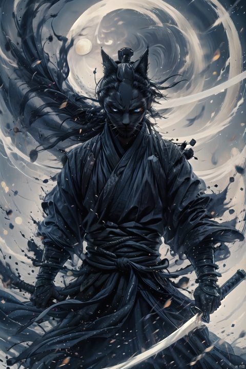 Cat assassin, solo, watching the audience, holding a glass of red wine in one hand and a sword in the other, with fierce eyes, motionless looking at each other, weapons, swords, weapons, beards, dark night and desolate moon, the picture is integrated into a lonely element., Xiuxian Sect, Super perspective, sdmai