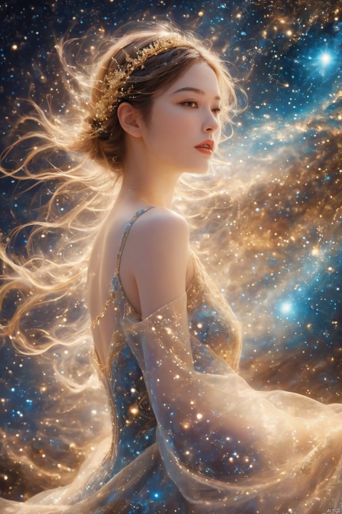  1 girl, adrift in a sea of stars, clad in a shimmering dress that mirrors the cosmos, crowned with a tiara of twinkling constellations, delicate bracelets of stardust encircling her wrists, her eyes reflecting the vastness of space, floating amidst nebula clouds, planets visible in the distance, comet tail streaking by, celestial beings watching over her, a sense of wonder and exploration, serene and peaceful, otherworldly beauty., hubg_jsnh, Light particle skin