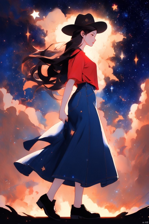 A girl, red T-shirt, denim skirt, shoes, long black hair, wearing a cowboy cap, looking up at the starry sky, looking from the side, short sleeves, brown shoes, clouds, red T-shirt, night, starry sky, wide angle,