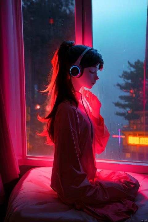  A girl is meditating in her room, wearing headphones, outside the window, night lights, neon lights in rainy days, jijianchahua