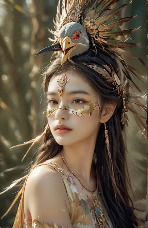  A surreal and fantastical image of a lonely young woman fusing human form with bird features. Her face is adorned with a gold mask, her straight nose and sexy lips reveal the girl's beauty, feathers adorn her headdress, and her bare shoulders reveal a mature body

, hhfhb