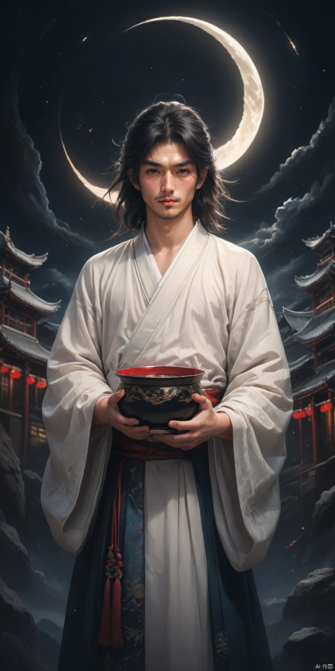 Man, whole body, solo, looking up at the moon, long hair, wearing China Hanfu, handsome and elegant, with light tracing. Holding a bowl of wine in his hand, he held it high and invited the moon to drink together, asking the wine to the sky. A lonely man stood there, his figure was spectacular, reflecting a noble temperament. This combination of nature and architectural elements highlights his stability and charm.