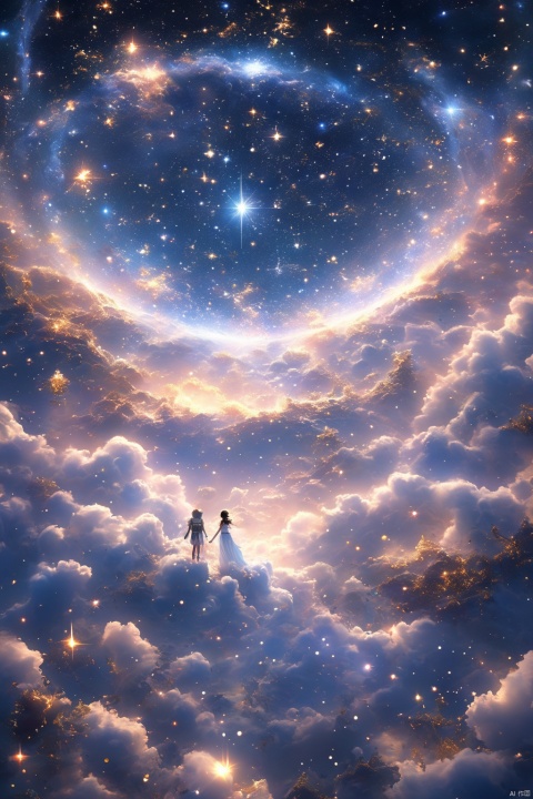  1 girl, adrift in a sea of stars, clad in a shimmering dress that mirrors the cosmos, crowned with a tiara of twinkling constellations, delicate bracelets of stardust encircling her wrists, her eyes reflecting the vastness of space, floating amidst nebula clouds, planets visible in the distance, comet tail streaking by, celestial beings watching over her, a sense of wonder and exploration, serene and peaceful, otherworldly beauty., hubg_jsnh, yyy,ccc, Hyperdetailed Photography, glow