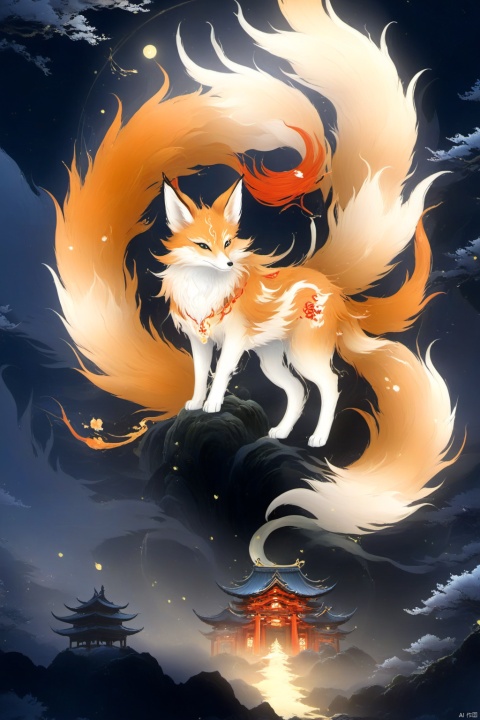  Kyubi no Youko Fox Elf, the core of which is the Fox, walks between ancient shrines, with mysterious and elegant style and soft lighting effect. The moonlight shines on the Kyubi no Youko of the Fox, with pure white color and upward viewing angle, showing the majesty and beauty of the Fox, delicate quality and full of movement. According to the order, this painting shows the mysterious charm of the nine-tailed fox fairy and echoes the ancient atmosphere of the shrine. Create a supernatural atmosphere., Arien view, Planetary apocalypse scene