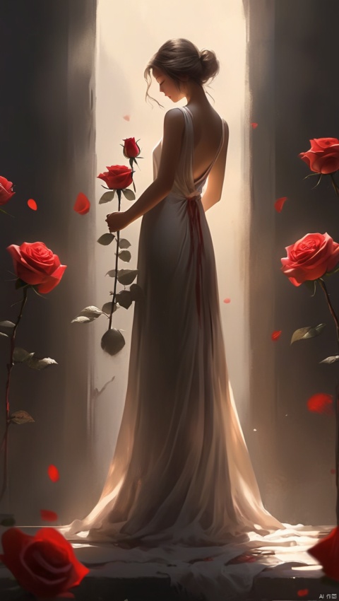 The girl's upper body has a charming back contour, and she worships a huge rose. Mysterious ceremony, using shadows and highlights to enhance visual depth and create a thought-provoking and appreciative silhouette., qzzd