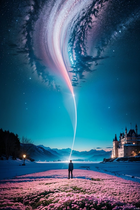  A man is standing in an otherworldly space, in front of a castle, the blue bloom flickering, the fifth latitude stunning visual feast, very much like the painting style of the absurd, pink fantasy