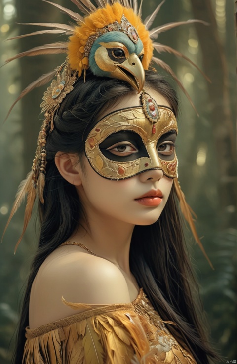  A surreal and fantastical image of a lonely young woman fusing human form with bird features. Her face is adorned with a gold mask, her straight nose and sexy lips reveal the girl's beauty, feathers adorn her headdress, and her bare shoulders reveal a mature body

, hhfhb