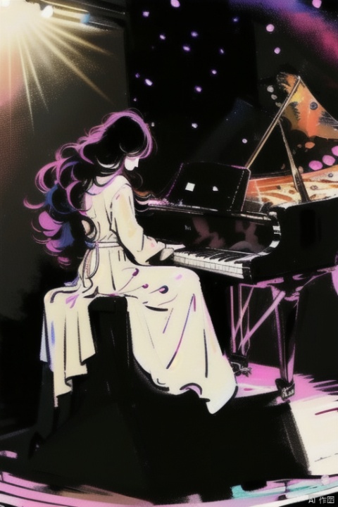  Masterpiece, best quality, high quality (color) , [ artist Dalian Zi ] , [ artist Chen Bin ] , [ artist Rascal 86] , artist Void, 1 girl, plays piano, sits on an orange and concentrates on playing piano music, instruments, long black hair, long hair, dress, sit, bird, blue eyes, white dress, grand piano, stage, spotlight, music, playing instruments,