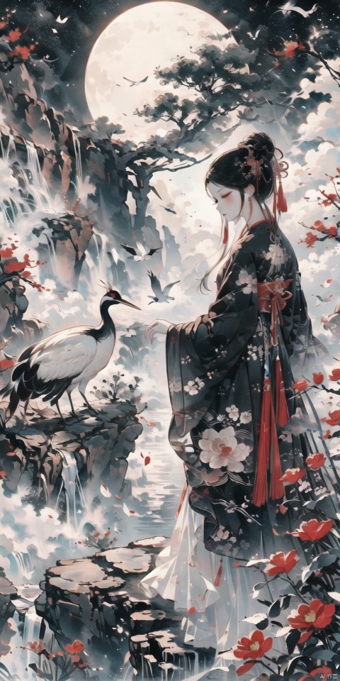  1 girl,masterpiece,standing,long hair,black dress,noble and mysterious,a goddess from the night,just naturally falling, flowing over her shoulders,standing,Cloudy flowers at her feet,White model rendering,4K,Official art,best quality, extremely detailed,CG,C4D,single color,plastic,Handmade, Ink scattering_Chinese style, mLD, qzzd, xianjing hanfu crane