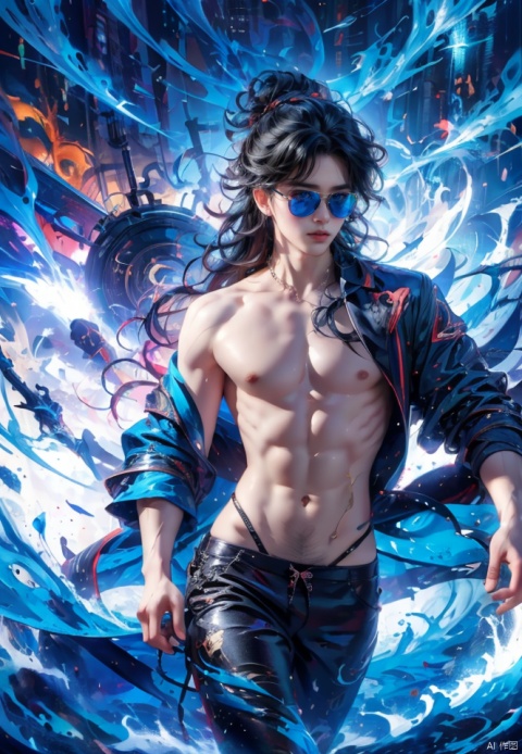  (Best quality), ((masterpiece)), (highres), illustration, original, very detailed,, 1 boy, male focus, solo, long hair, blue eyes and black hair., pajama, sunglasses