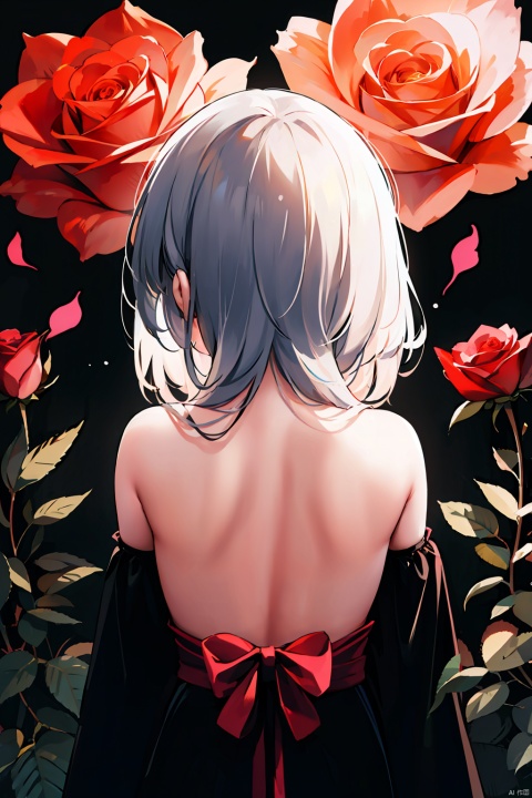 The girl's upper body has a charming back contour, and she worships a huge rose. Mysterious ceremony, black background, use shadows and highlights to enhance visual depth, and create a thought-provoking and appreciative silhouette.