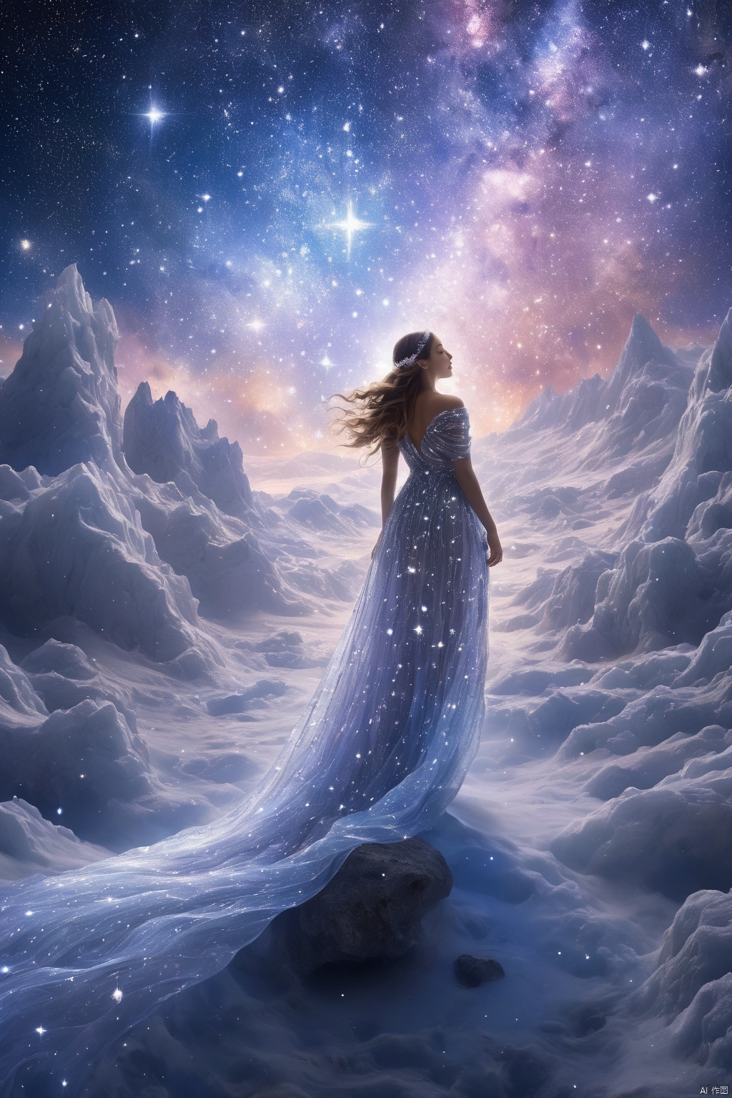  1 girl, adrift in a sea of stars, clad in a shimmering dress that mirrors the cosmos, crowned with a tiara of twinkling constellations, delicate bracelets of stardust encircling her wrists, her eyes reflecting the vastness of space, floating amidst nebula clouds, planets visible in the distance, comet tail streaking by, celestial beings watching over her, a sense of wonder and exploration, serene and peaceful, otherworldly beauty., hubg_jsnh, yyy,ccc, Hyperdetailed Photography, glow, ((poakl)), g011, bailing_ice_sculpture