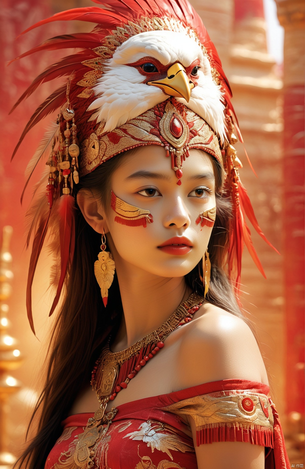  A surreal and fantastical image of a lonely young woman fusing human form with bird features. Her face is adorned with a gold mask, her straight nose and sexy lips reveal the girl's beauty, feathers adorn her headdress, and her bare shoulders reveal a mature body

, hhfhb, Red festive wallpaper, pyramid