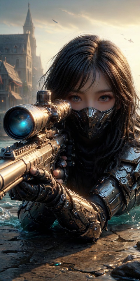  an realistic image of a female fantasy game character laying on the gorund, wielding glowing Sniper Rifle made of water, aiming at the camera, wearing armor, water allay in background, digital art, HD, masterpiece, best quality, hyper detailed, ultra detailed, g005, light master,Wearing a black mask, only revealing a pair of beautiful eyes, light master, nahidadef, SDS_GLOW_BACKDROP, aier mote, BL0J0