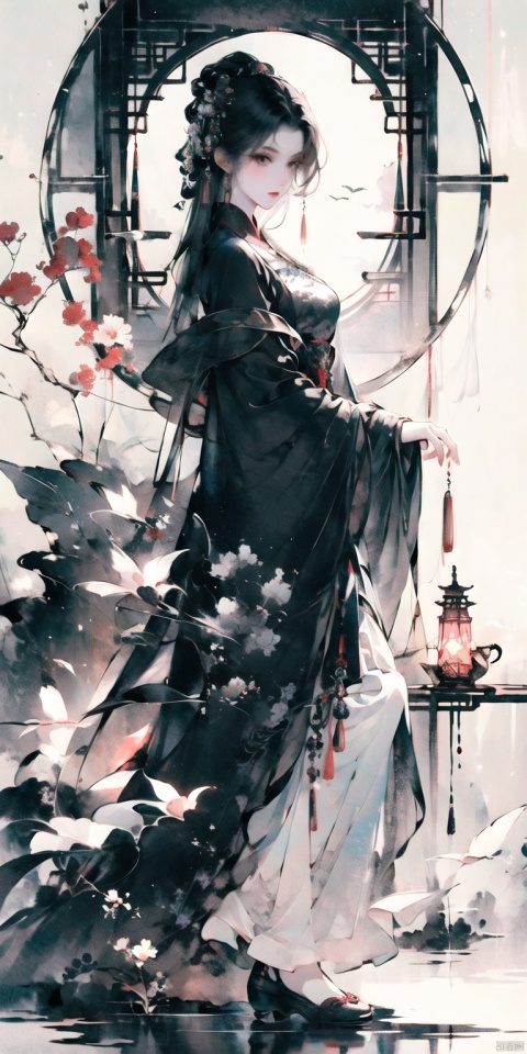  1 girl,masterpiece,standing,long hair,black dress,noble and mysterious,a goddess from the night,just naturally falling, flowing over her shoulders,standing,Cloudy flowers at her feet,White model rendering,4K,Official art,best quality, extremely detailed,CG,C4D,single color,plastic,Handmade, Ink scattering_Chinese style, mLD, qzzd, guoflinke, zydink, Ink painting