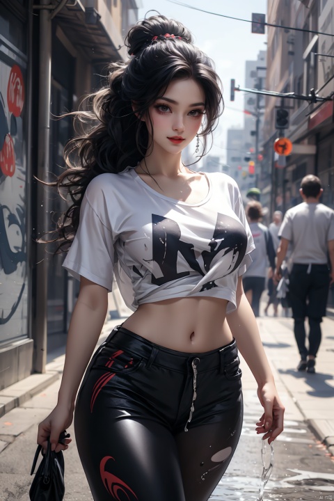  Front, illustration, best quality, super detailed, super detailed skin, cute, cute, extremely detailed, 8K, solo, 1girl, detailed background, city, night,dynamic angle, beautiful eyes, blash, smile, (street clothes: 1.5), street style, (splash is emphasized), splatter, graffiti. Navel,(croptop:0.8),(ear puncture: 0.7), two-tone hair color, (cool), (HDR:1), wind, (Gitmome: 1.2), perfect hand, active, retro artistic style, neon _ pop artistic style, artistic style, behind hands, (big breasts: 1.2)., ZYM, mpaidui, See thru wet T shirt