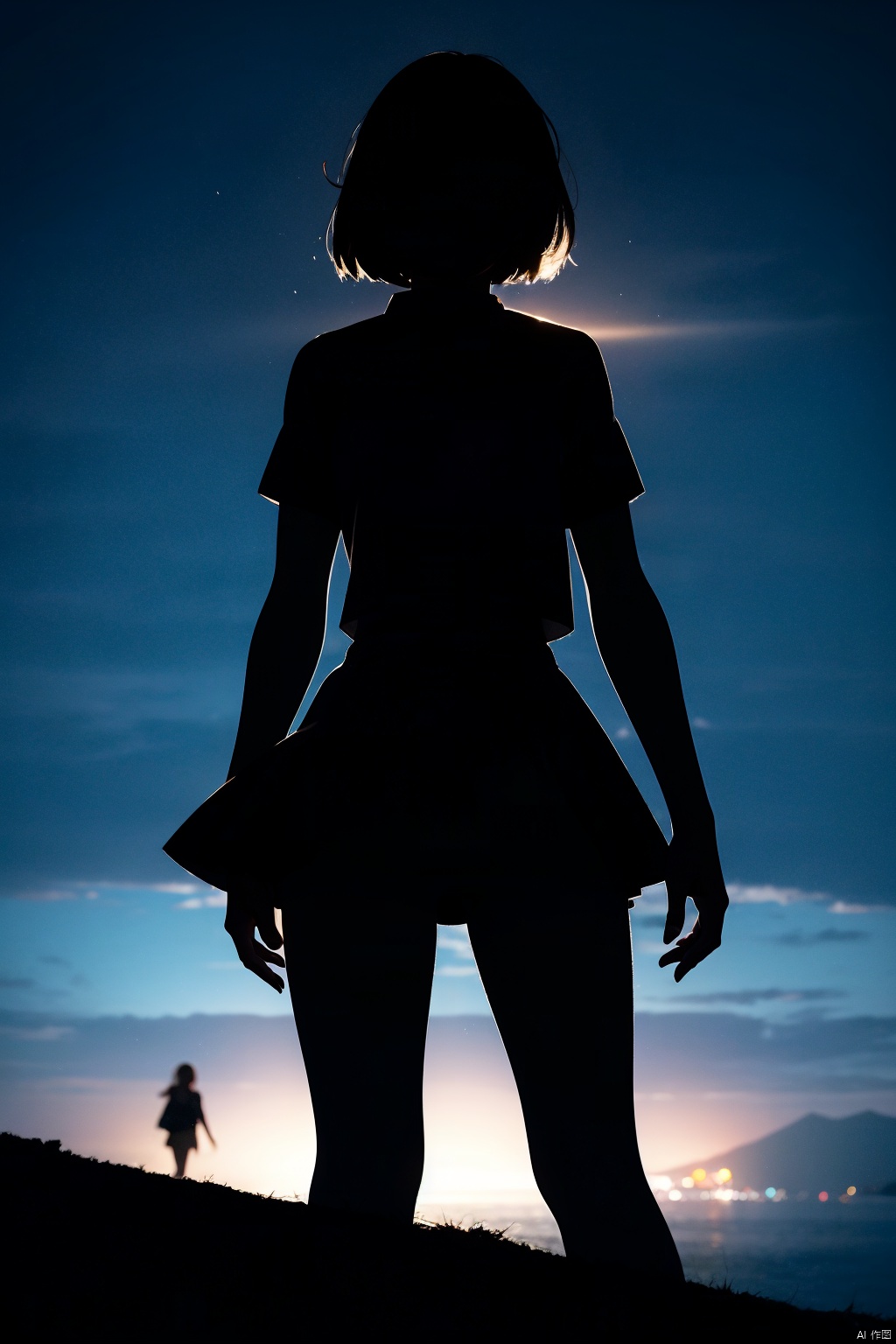 A girl, solo, underwear, miniskirt (silhouette in the dark, black figure), vaguely saw a hazy figure. ,GMajic