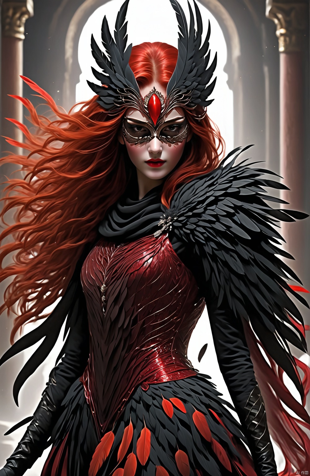  1girl,(red feather_dress),red hair,mask,(full body),
In this vivid portrayal, we see a distinctive girl who captivates attention with her striking attire. She dons an intricately crafted red feather dress, each feather seemingly imbued with vitality, dancing in harmony with every move she makes. The fiery red hue of the gown reflects a passionate spirit and embodies a sense of intensity and theatricality.

Her mane of red hair flows like flames around her facial contours, adding layers to her enigmatic allure. Cascading down her back, it contrasts and complements the feathered hem of the dress, seamlessly blending natural vibrancy with opulent fashion.

A mask adorns her face, revealing only her eyes as portals into her soul. The presence of the mask adds an air of mystery, concealing her identity while amplifying the dramatic effect of her presented image. Whether she is a performer or an embodiment of a dream world, this mysterious woman in her scarlet feathered gown and matching crimson tresses mesmerizes all who behold her.
, bailing_darkness, niji5