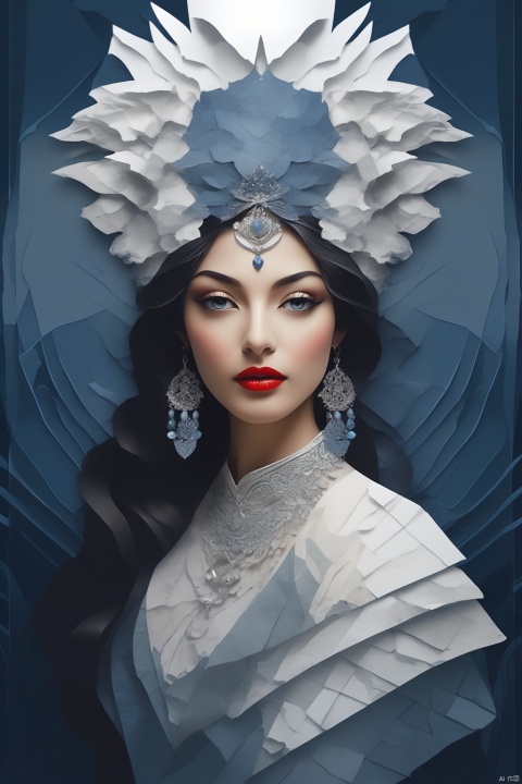 Layered paper cutout, mysterious face, exotic woman in artistic clothing, faded backlit background (deep sea faded white to dark blue/red) depth of person, double exposure, surreal, geometric pattern, intricate details, bokeh, perfection Balance, deep fine bezels, artistic realism, smoothness, great masterpiece by Suiras