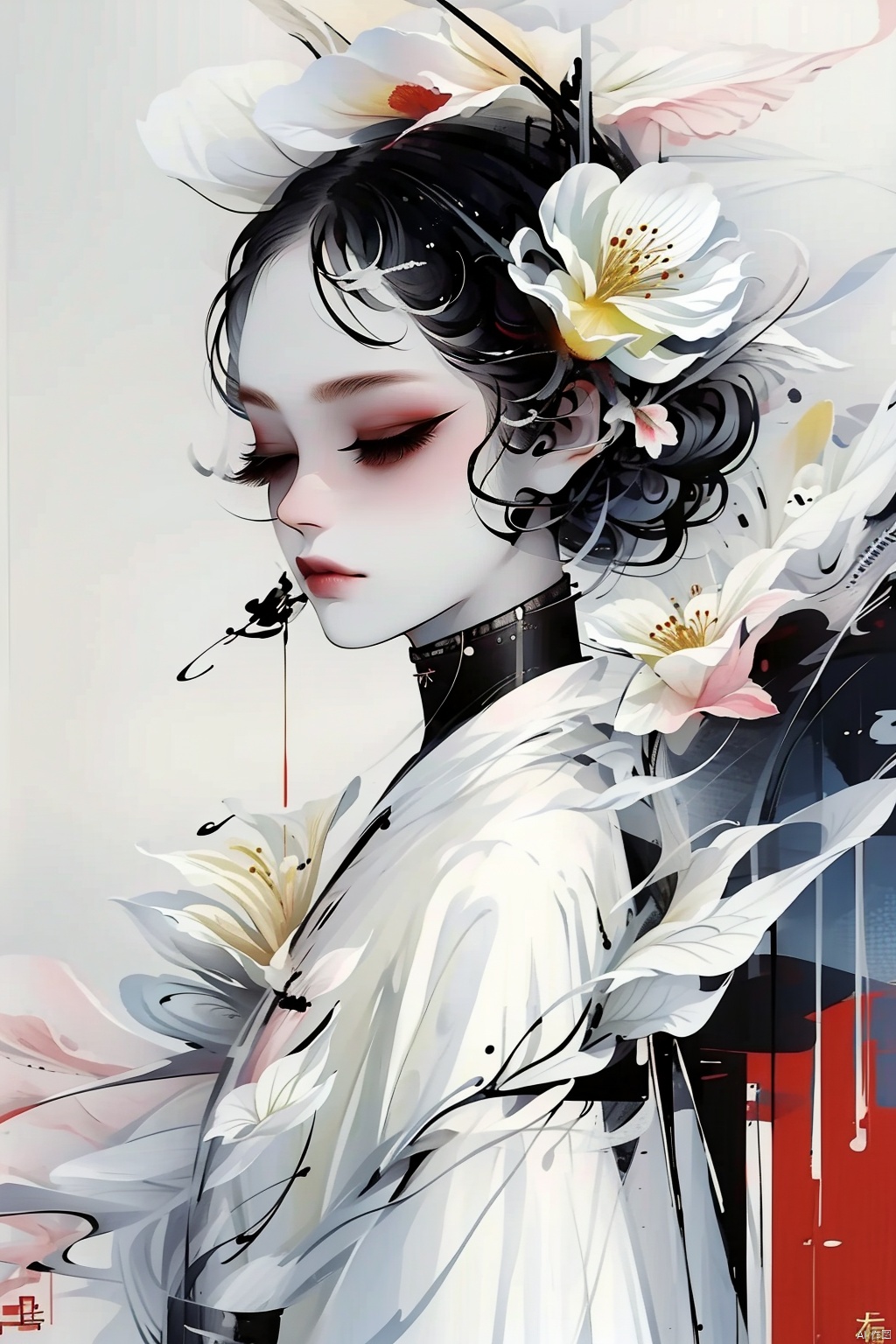 A girl, wearing sunglasses, black hair, closed mouth, closed eyes, flowers, eyelashes, makeup, Hanfu, Hanfu, Ink painting, mLD