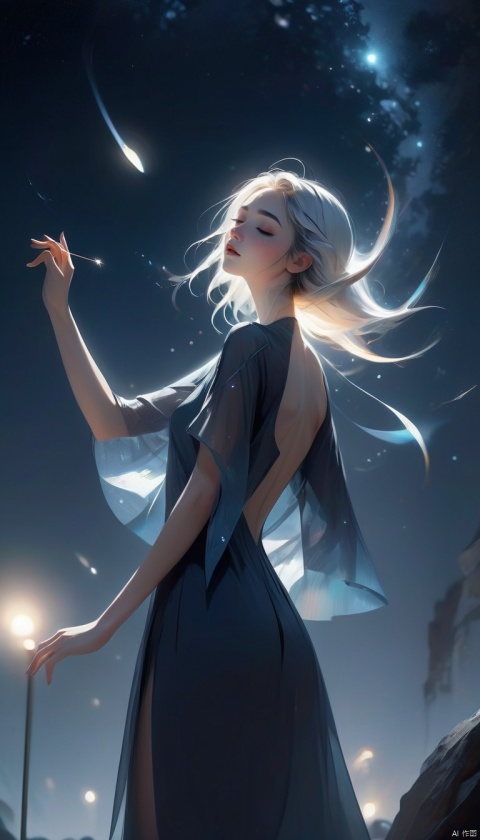 (animation style: 0.6) , [(white background: 1.4) : 5] , (middle shot: 0.95) , (Body: 1.25) , dynamic angle, (official art) , very delicate and beautiful, (by delicate color blocks) , 2d, (fantasy) , depth of field,//midnight, night, starry sky, outdoor concert,//[1 girl, looking at the audience, (all over) , baton in hand, tears streaming down her face, eyes closed, spirit engaged, elegant, conducting, blues

, graphic