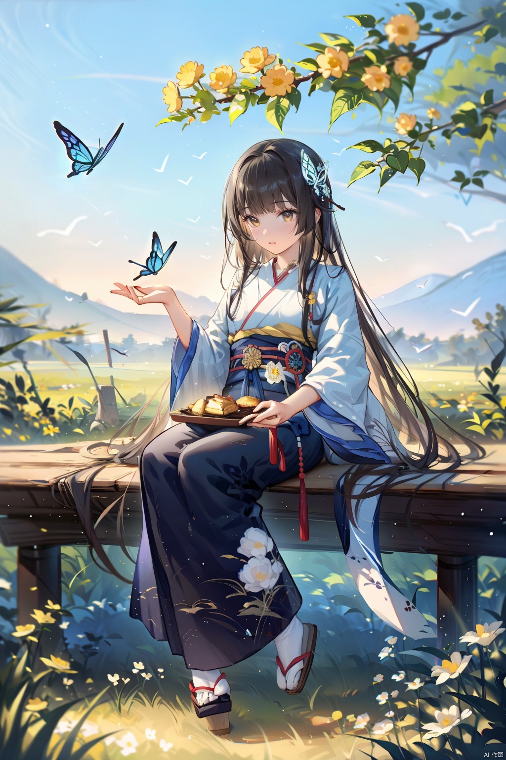  TT, 1girl, long hair, solo, hanfu, flower, chinese clothes, outdoors, tree, long sleeves, nature, butterfly, bird, bug, hair ornament, black hair, brown hair, full body, wide sleeves, sunlight, gete, mgirl