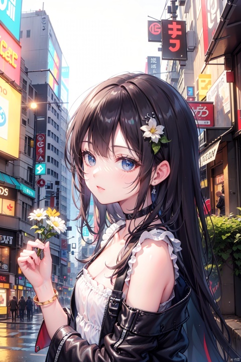  (score_9,score_8_up,score_7_up,score_6_up,score_5_up,score_4_up),1girl, solo, beautiful hair,beautiful dress, holding, jewelry, closed mouth, flower, bracelet, hands up, plant, white flower, hair over shoulder,Lucy\(cyberpunk2077\), cuteloli