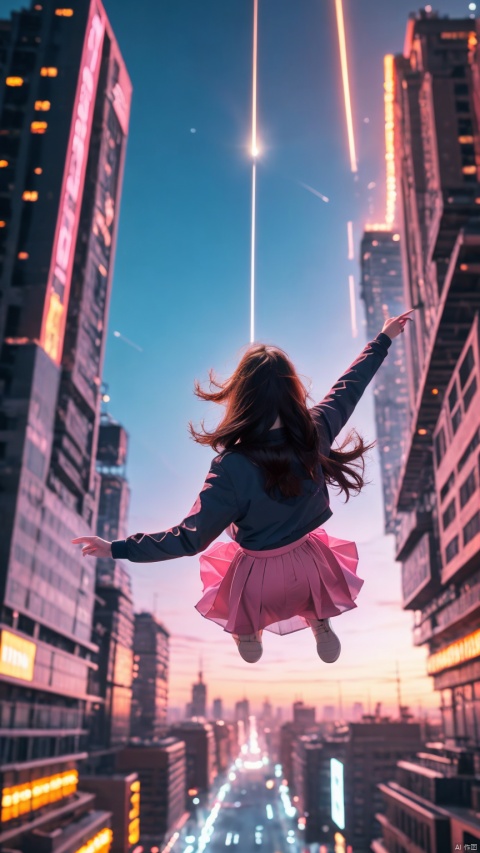  1 girl, pink theme, (best finger: 1.2), back to the sky, hands open from mid-air, falling, urban landscape, masterpiece, best quality, 32k ultra HD, hdr, dtm, 16K, movie lighting effect, super vision, super wide angle, science fiction, TCHKP, sssr, 1girl, solo