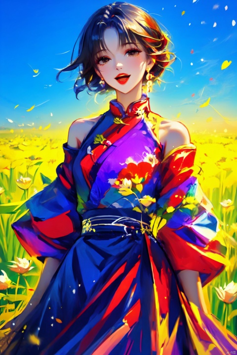  Girl, dress, black eyes, yellow flower skirt, flower, open mouth, smile, look at the audience, short hair, holding, red flowers, teeth, bare shoulders, solo, Bangs., chineseclothes, ((poakl)), Colorful Girl, myinv, meiren-red lips,1Girl