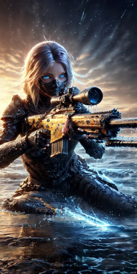  an realistic image of a female fantasy game character laying on the gorund, wielding glowing Sniper Rifle made of water, aiming at the camera, wearing armor, water allay in background, digital art, HD, masterpiece, best quality, hyper detailed, ultra detailed, g005, light master,Wearing a black mask, only revealing a pair of beautiful eyes, light master, nahidadef, SDS_GLOW_BACKDROP
