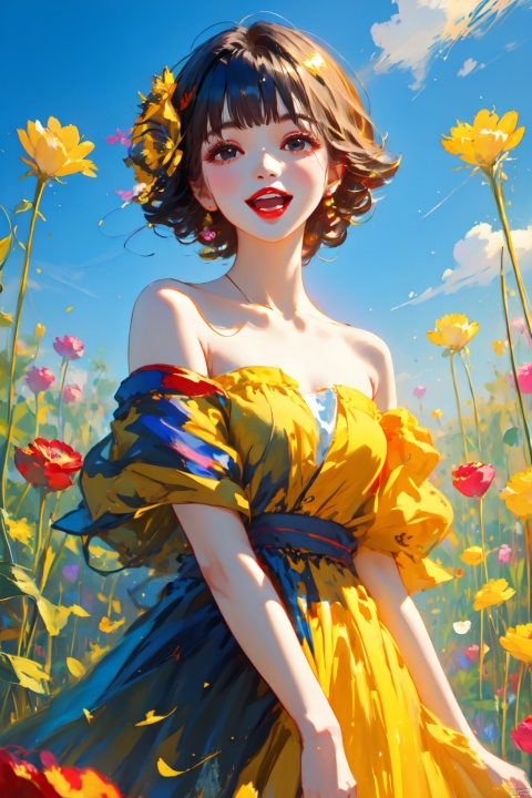 Girl, dress, black eyes, yellow flower skirt, flower, open mouth, smile, look at the audience, short hair, holding, red flowers, teeth, bare shoulders, solo, Bangs., chineseclothes, ((poakl)), Colorful Girl, myinv, meiren-red lips