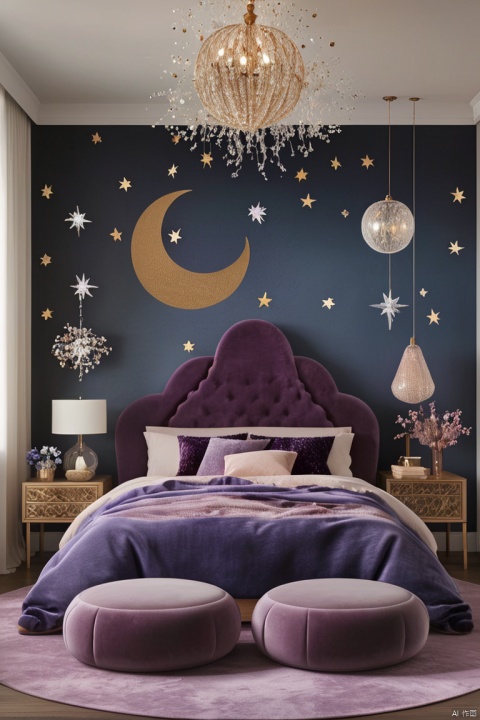 starry night, celestial theme, navy blue and purple colors, galaxy wallpaper, star-shaped lights, celestial accents, velvet furniture, fluffy pillows, faux fur rug, moon-shaped mirror, crystal chandelier