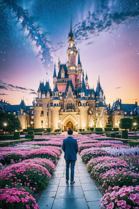  A man is standing in an otherworldly space, in front of a castle, the blue bloom flickering, the fifth latitude stunning visual feast, very much like the painting style of the absurd, pink fantasy,Back to the audience