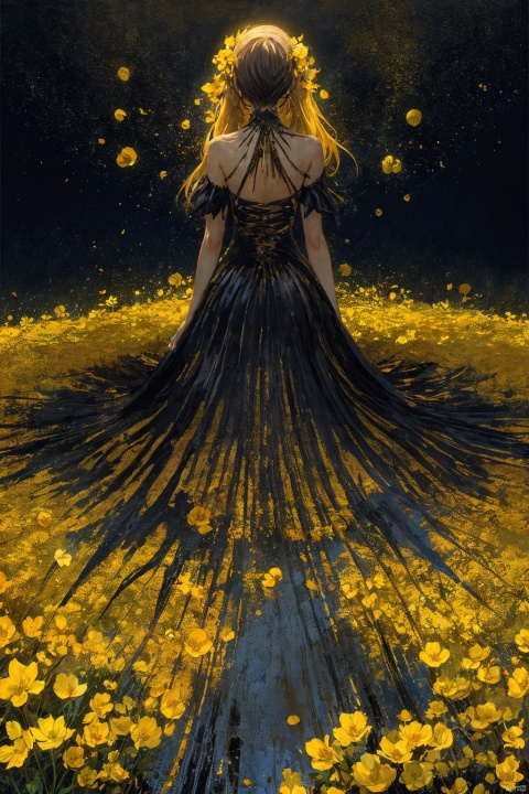 Abstract art, (black theme: 1.1), golden theme, dark stars, a girl, yellow rape flowers everywhere, back to the audience, GMajic.