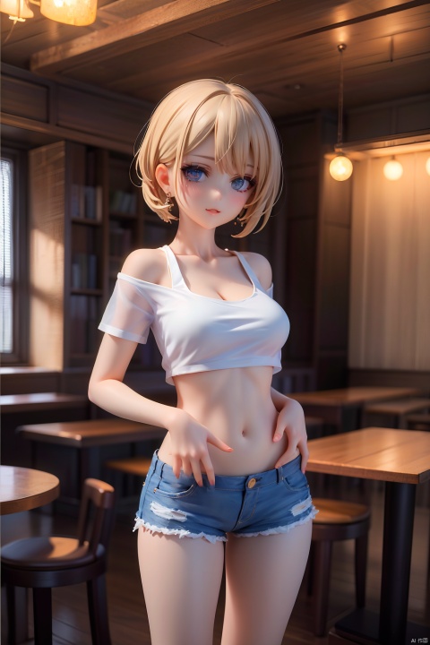Best quality, masterpieces, illustrations, earrings, hands in pockets, denim shorts, a very delicate and beautiful, very detailed, CG, Unity, 8k, wallpaper, amazing, fine details, 1 girl, solo, bar, white short sleeves, denim shorts, sports shoes, spotlights, bar, bar table, wine bottle wall decoration, bar style.
