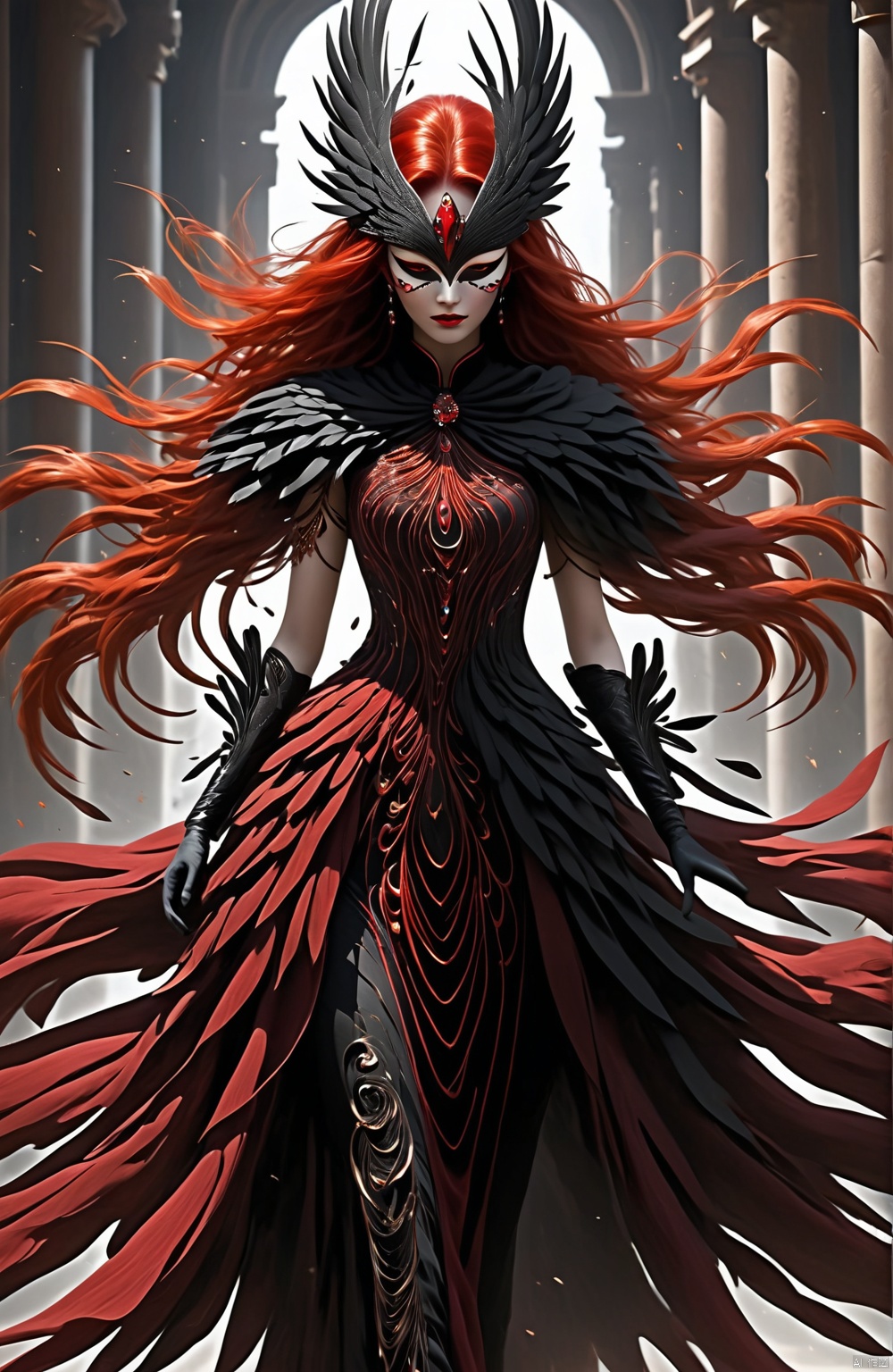  1girl,(red feather_dress),red hair,mask,(full body),
In this vivid portrayal, we see a distinctive girl who captivates attention with her striking attire. She dons an intricately crafted red feather dress, each feather seemingly imbued with vitality, dancing in harmony with every move she makes. The fiery red hue of the gown reflects a passionate spirit and embodies a sense of intensity and theatricality.

Her mane of red hair flows like flames around her facial contours, adding layers to her enigmatic allure. Cascading down her back, it contrasts and complements the feathered hem of the dress, seamlessly blending natural vibrancy with opulent fashion.

A mask adorns her face, revealing only her eyes as portals into her soul. The presence of the mask adds an air of mystery, concealing her identity while amplifying the dramatic effect of her presented image. Whether she is a performer or an embodiment of a dream world, this mysterious woman in her scarlet feathered gown and matching crimson tresses mesmerizes all who behold her.
, bailing_darkness, niji5