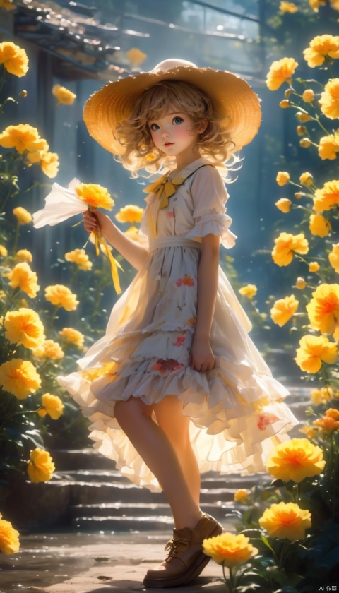  Anime style,[mod::0], solo, 9-year-old girl, flaxen short hair (messy), (flat but not flat), ((blue:1.05) in grey) eye, covering one eye, [dre::0], jacquard weave (yellow carnation bloom) pattern frilled white chiffon
dress, large hat, [pos::0], vivid, [stg::0], (riverbank:1.2), [stone bridge], [cam::0], cowboy shot, [eff::0], [idolmaster], [detailed hand], [detailed fingers], by Gil Elvgren, , glow, 1girl, ibukiBA