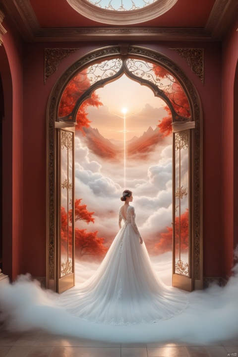  A 4K gorgeous door with surreal design and a luxurious and charming atmosphere. Scenery, 1 girl, Tindal phenomenon, best quality, super detail, practicality, professionalism, dream lace wedding dress, red beam, cloud, fog, white minimalism, local reflection, desktop wallpaper, ibukiBA, magic circle
