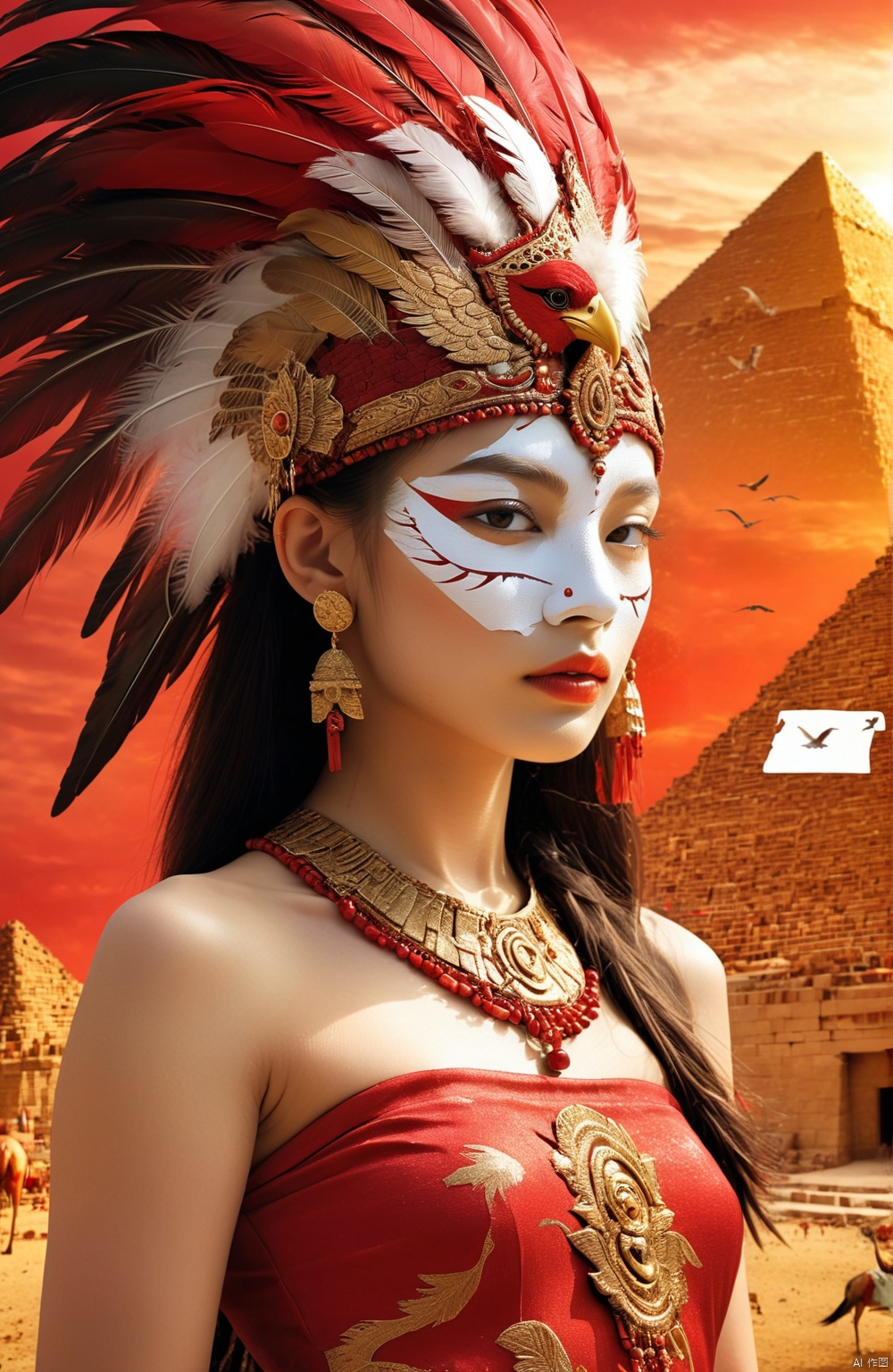  A surreal and fantastical image of a lonely young woman fusing human form with bird features. Her face is adorned with a gold mask, her straight nose and sexy lips reveal the girl's beauty, feathers adorn her headdress, and her bare shoulders reveal a mature body

, hhfhb, Red festive wallpaper, pyramid
