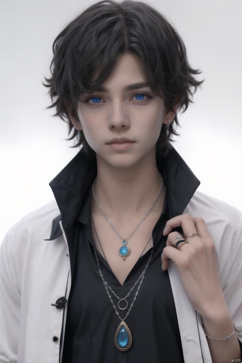 1 boy, black hair, ring, blue eyes, bangs, dress, necklace., Asuo
