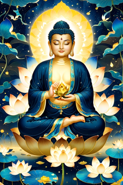  buddha holding a gold lotus, The golden lotus is shining,paintings by mike wilson, in the style of light indigo and brown, luminous reflections, nature-based patterns, subdued pointillism,mural-likecomposition,XCJL,閽熺, (\shen ming shao nv\)