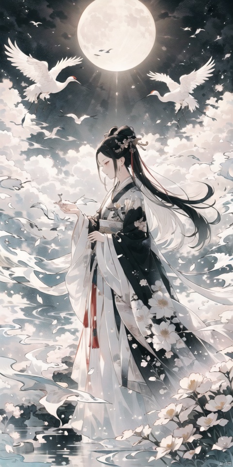  1 girl,masterpiece,standing,long hair,black dress,noble and mysterious,a goddess from the night,just naturally falling, flowing over her shoulders,standing,Cloudy flowers at her feet,White model rendering,4K,Official art,best quality, extremely detailed,CG,C4D,single color,plastic,Handmade, Ink scattering_Chinese style, mLD, qzzd, xianjing hanfu crane, Houyue, Xiuxian Sect