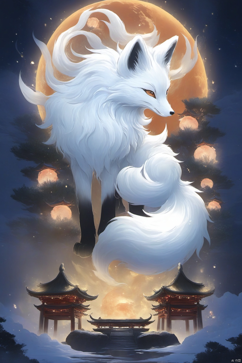  Kyubi no Youko Fox Elf, the core of which is the Fox, walks between ancient shrines, with mysterious and elegant style and soft lighting effect. The moonlight shines on the Kyubi no Youko of the Fox, with pure white color and upward viewing angle, showing the majesty and beauty of the Fox, delicate quality and full of movement. According to the order, this painting shows the mysterious charm of the nine-tailed fox fairy and echoes the ancient atmosphere of the shrine. Create a supernatural atmosphere., Arien view, Planetary apocalypse scene