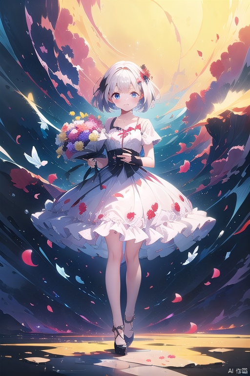  1 girl, walking with a bouquet of flowers in her hand, wearing a gorgeous white dress, short hair, cute, fluttering petals in the sky, backlight, GMajic, cosmos