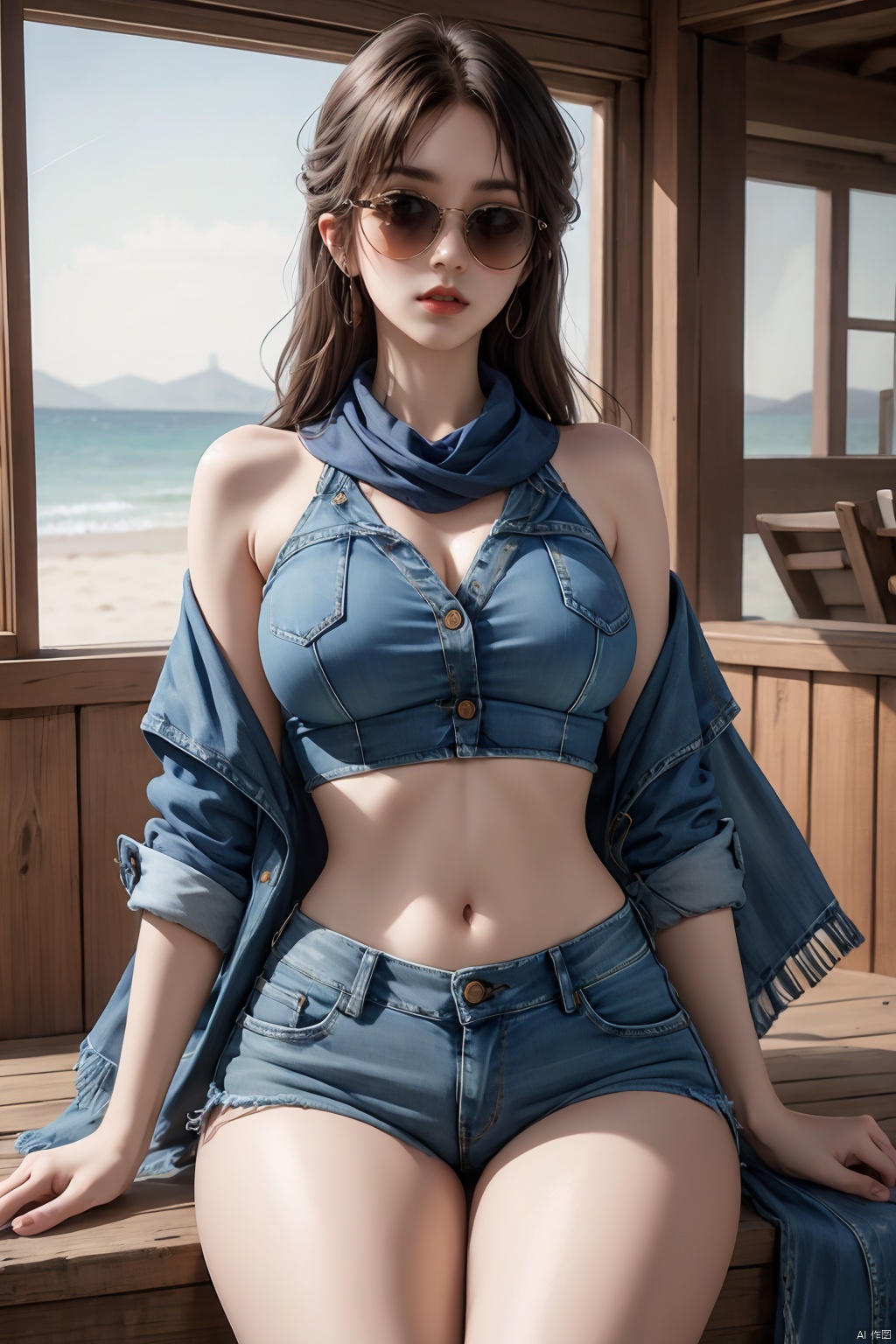 Girl, solo, denim shirt, denim shorts, full chest, standing on the beach, available light, (wearing sunglasses: 1.2), (shawl long hair: 1.3), HDR, UHD, 8K,Best quality, absurdity, reality, masterpiece, high detail, clear focus, available light, film _ lighting, thigh, (cowboy _ lens: 1.2), film lighting, best quality, ultra-fine painting, professionalism, extreme detail description,