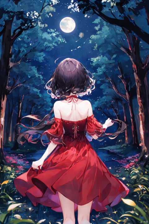  Masterpiece, high quality, abstract, a girl in a red dress, back, whole body, cowboy lens, forest at night, girl's back, flying red skirt, flowing black hair and long hair,
